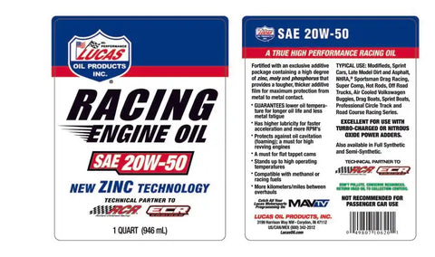 LUCAS OIL 10620 SAE 20W-50 RACING OIL QT