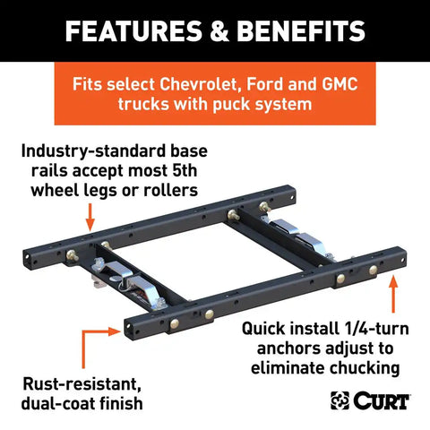 CURT 16027 Puck System 5th Wheel Adapter with Rails, Select Chevy, Ford, GMC, 25K