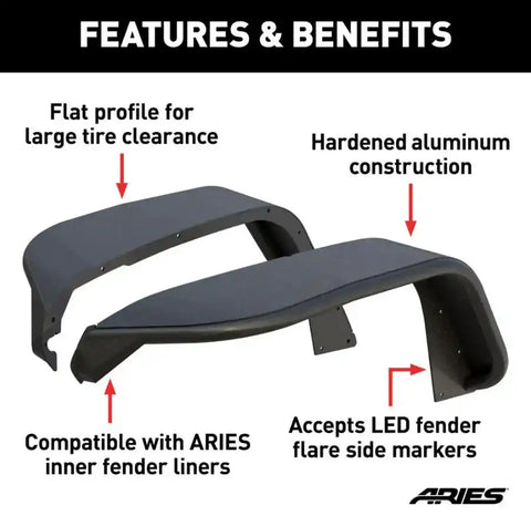 Aries 2500835 Fender Flare Bolt On Style Black Aluminum With LED Lights Set of 2