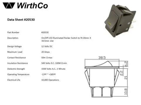 WIRTHCO 20530 12V 20 AMP ON/OFF ROCKER WITH O LED
