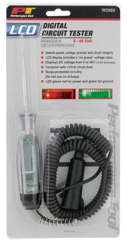 Performance Tool W2992 Circuit Tester LCD Digital Display With LED Back Light 6 To 48 DC Volt Range