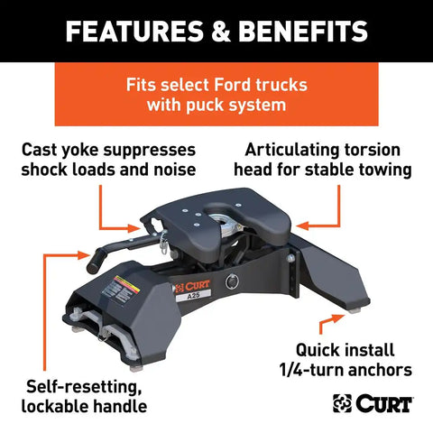 CURT 16036 A25 5th Wheel Hitch, Select Ford F-250, F-350, F-450, 8' Bed Puck System