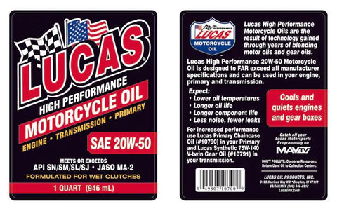 LUCAS OIL 10700 SAE 20W-50 MOTORCYCLE OIL