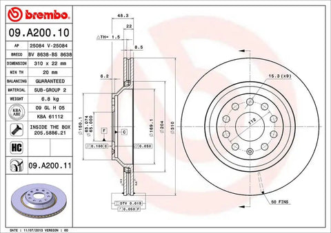 BREMBO 09A20011C02 DISC BRAKE ROTOR