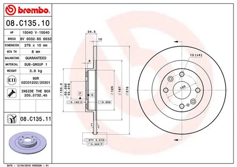 BREMBO 08C13511C02 DISC BRAKE ROTOR