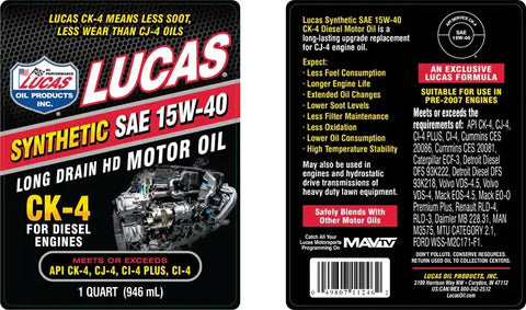 LUCAS OIL 11246 SYNTHETIC SAE 15W-40 CK-4 TRUCK OIL