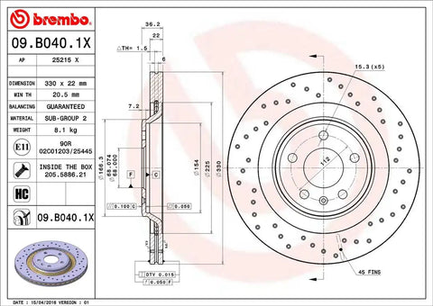 BREMBO 09B0401XC02 DISC BRAKE ROTOR