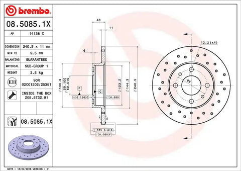 BREMBO 0850851XC02 DISC BRAKE ROTOR
