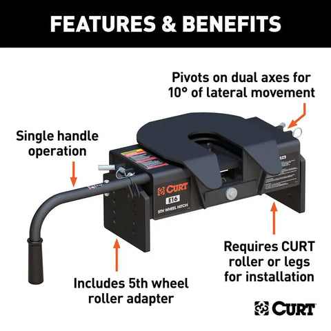 CURT 16515 E16 5th Wheel Hitch Head Only, Legs or Roller Required, 16,000 lbs