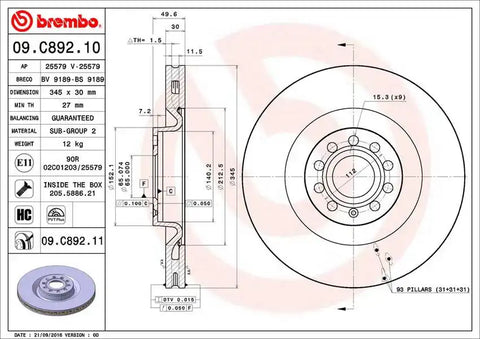 BREMBO 09C89211C02 DISC BRAKE ROTOR