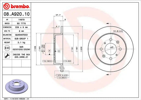 BREMBO 08A92010C02 DISC BRAKE ROTOR