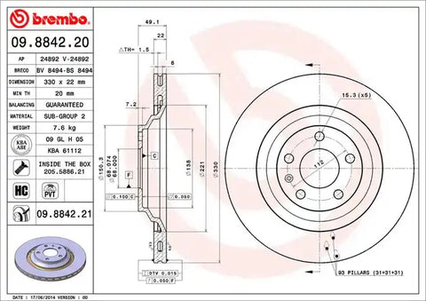 BREMBO 09884221C02 DISC BRAKE ROTOR
