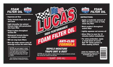 LUCAS OIL 10798 FOAM FILTR OIL/12X1/QUART