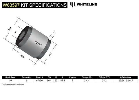 WHITELINE W63597 CONTROL ARM - LOWER REAR BUSHING