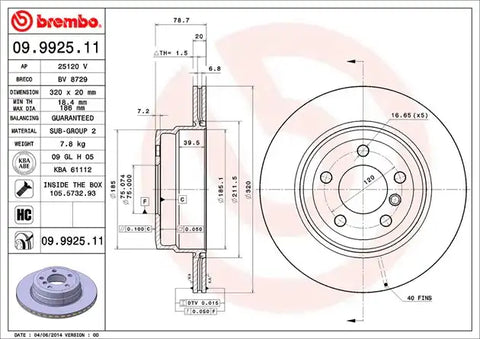 BREMBO 09992511C02 DISC BRAKE ROTOR