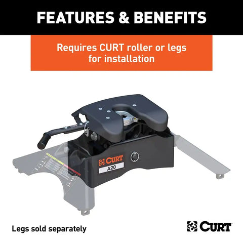 CURT 16540 A20 5th Wheel Hitch Head Only, Legs or Roller Required, 20,000 lbs