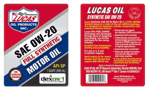 LUCAS OIL 10564 SYNTHETC SAE 0W20 MTR OIL