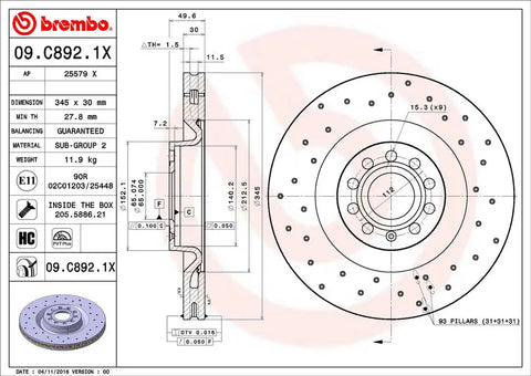 BREMBO 09C8921XC02 DISC BRAKE ROTOR