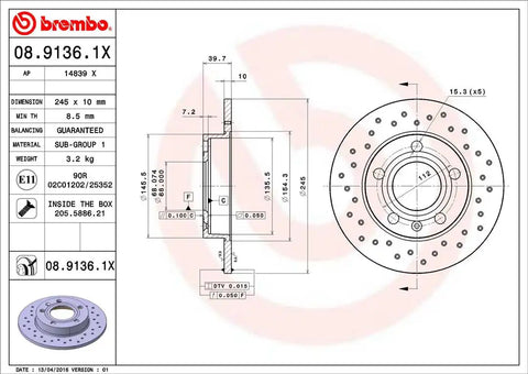 BREMBO 0891361XC02 DISC BRAKE ROTOR