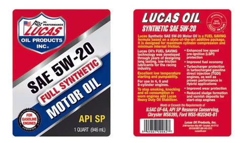 LUCAS OIL 10082 5/20 SYNTH RACING OIL