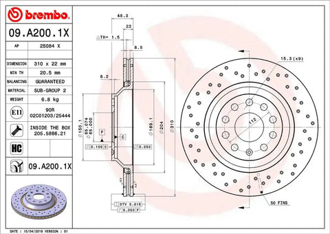 BREMBO 09A2001XC02 DISC BRAKE ROTOR