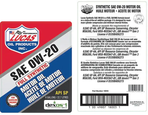 LUCAS OIL 18003 SYNTHETIC SAE 0W-20 MOTOR OIL API S