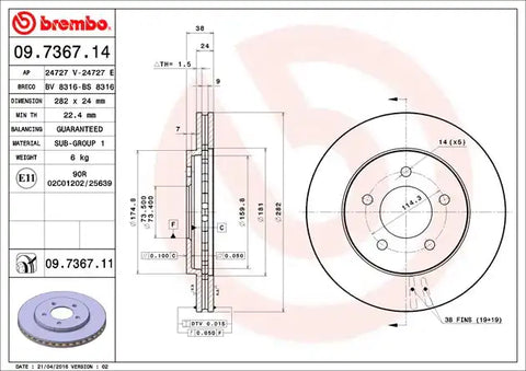 Brembo 09736711C02 Brake Rotor Vented One Piece Design Wheel Bolt Pattern 5 x 114.3 Millimeter