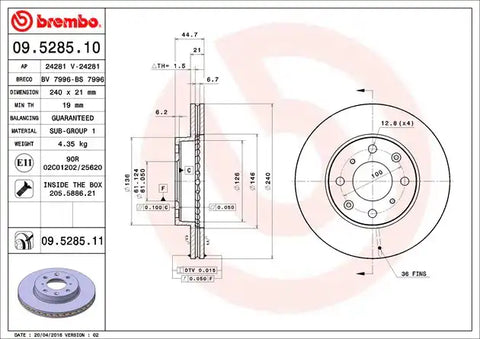 BREMBO 09528511C02 DISC BRAKE ROTOR
