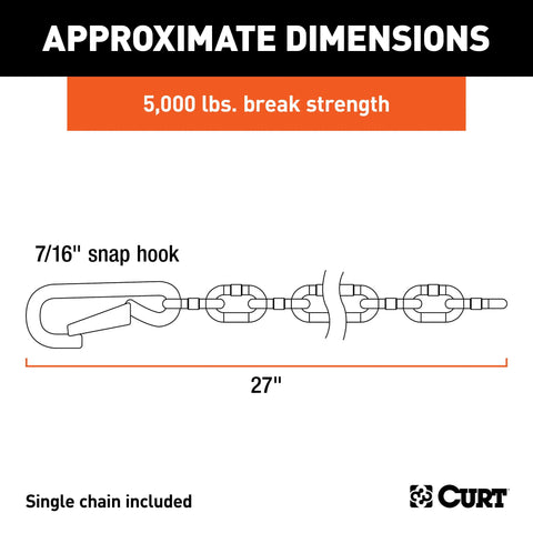 CURT 80313 - 27in. Safety Chain with 1 Snap Hook (5000 lbs Clear Zinc)