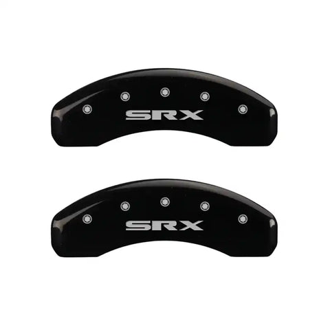 MGP 4 Caliper Covers Engraved Front Cursive/Cadillac Engraved Rear SRX Black finish silver ch