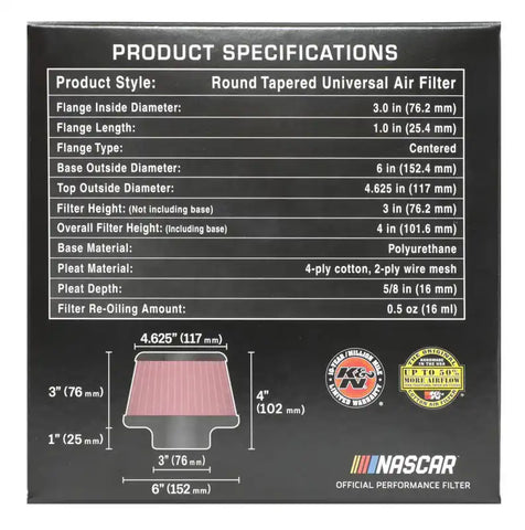K&N RU-5288 Universal Clamp-On Air Filter