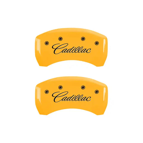 MGP 4 Caliper Covers Engraved Front & Rear Cursive/Cadillac Yellow finish black ch