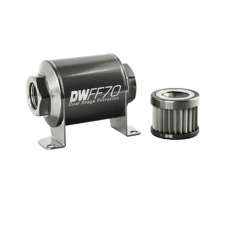 DeatschWerks Stainless Steel 8AN 10 Micron Universal Inline Fuel Filter Housing Kit (70mm)