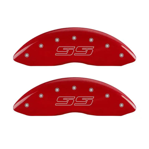 MGP 4 Caliper Covers Engraved Front & Rear Avalanche style/SS Red finish silver ch