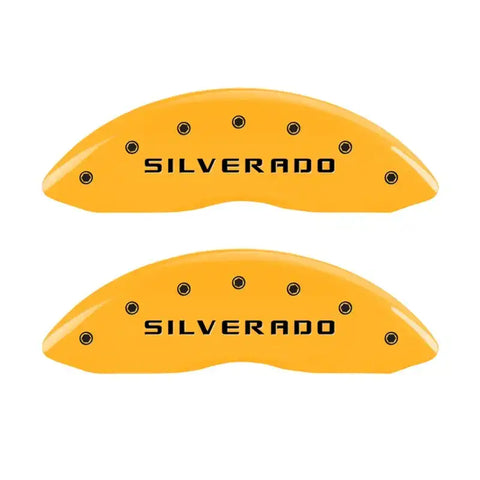 MGP Front set 2 Caliper Covers Engraved Front Silverado Yellow finish black ch