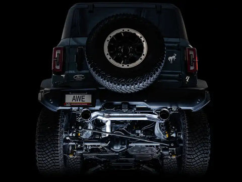 AWE Tuning 2021+ Ford Bronco 0FG Dual Rear Exit Exhaust w/Chrome Silver Tips & Bash Guard