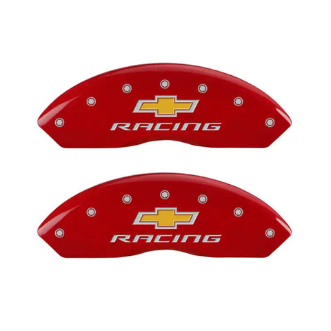 MGP 4 Caliper Covers Engraved Front & Rear Chevy Racing Red Finish Silver Char 2017 Chevrolet Camaro