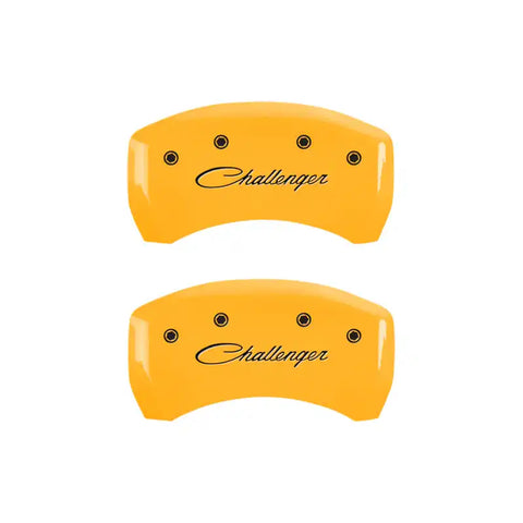 MGP 4 Caliper Covers Engraved Front & Rear Cursive/Challenger Yellow finish black ch