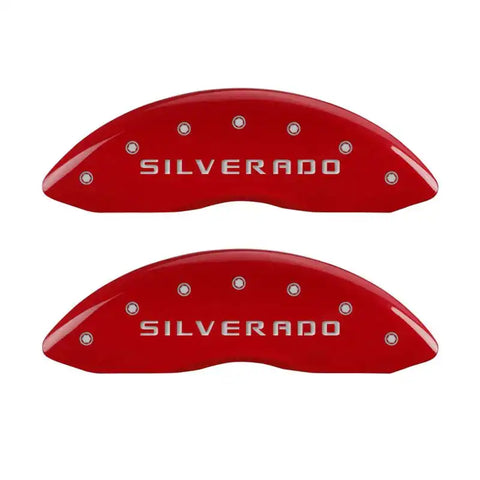 MGP Front set 2 Caliper Covers Engraved Front Silverado Red finish silver ch