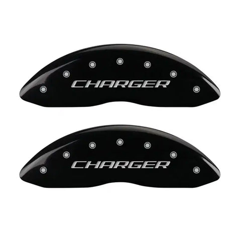 MGP 4 Caliper Covers Engraved Front & Rear Block/Charger Black finish silver ch