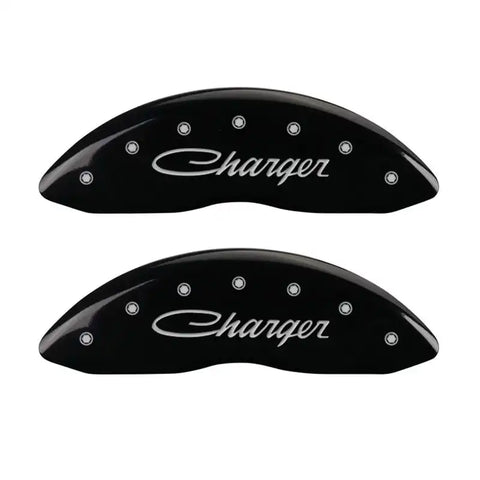 MGP 4 Caliper Covers Engraved Front & Rear Cursive/Charger Black finish silver ch