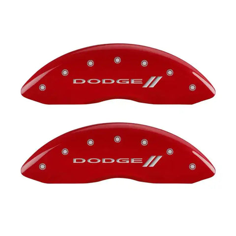 MGP 4 Caliper Covers Engraved Front & Rear With stripes/Dodge Red finish silver ch