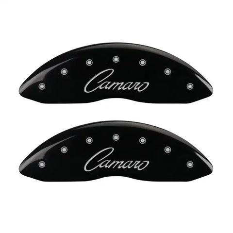 MGP 4 Caliper Covers Engraved Front & Rear Cursive/Camaro Black finish silver ch