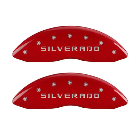 MGP Front set 2 Caliper Covers Engraved Front Silverado Red finish silver ch