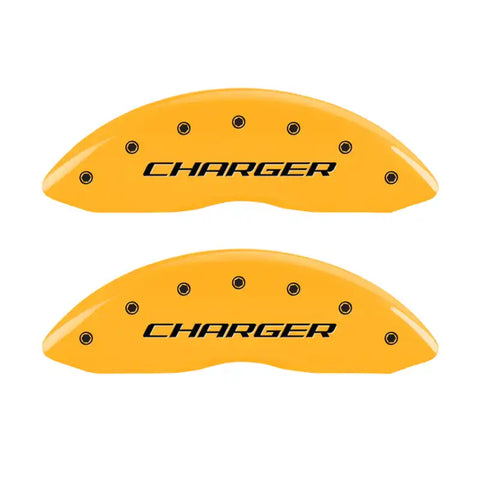 MGP 4 Caliper Covers Engraved Front Charger Engraved Rear RT Yellow finish black ch