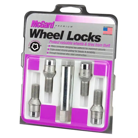 McGard Wheel Lock Bolt Set - 4pk. (Tuner / Cone Seat) M12X1.5 17mm Hex 29.6mm Shank L. Chrome