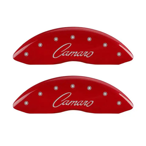 MGP 4 Caliper Covers Engraved Front & Rear Cursive/Camaro Red finish silver ch