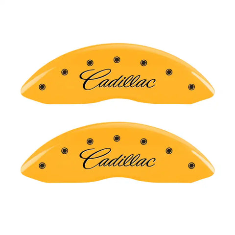 MGP 4 Caliper Covers Engraved Front & Rear Cursive/Cadillac Yellow finish black ch