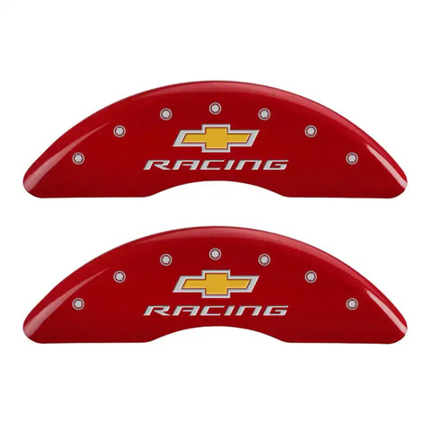 MGP 4 Caliper Covers Engraved Front & Rear Chevy Racing Red Finish Silver Char 2016 Chevrolet Camaro