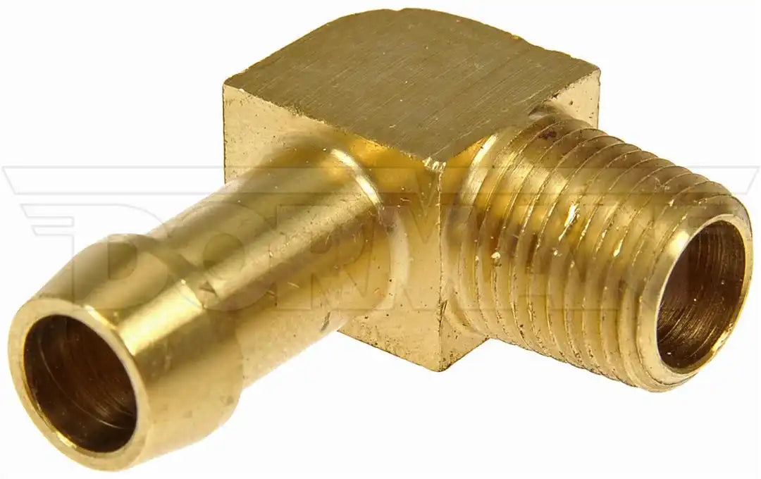 Dorman 787-046D Fuel Line Fitting OE Solutions ™ 1/8 Inch MNPT Thread size Barbed End 90 Degree Fitting Angle 0.9 Inch Length Brass